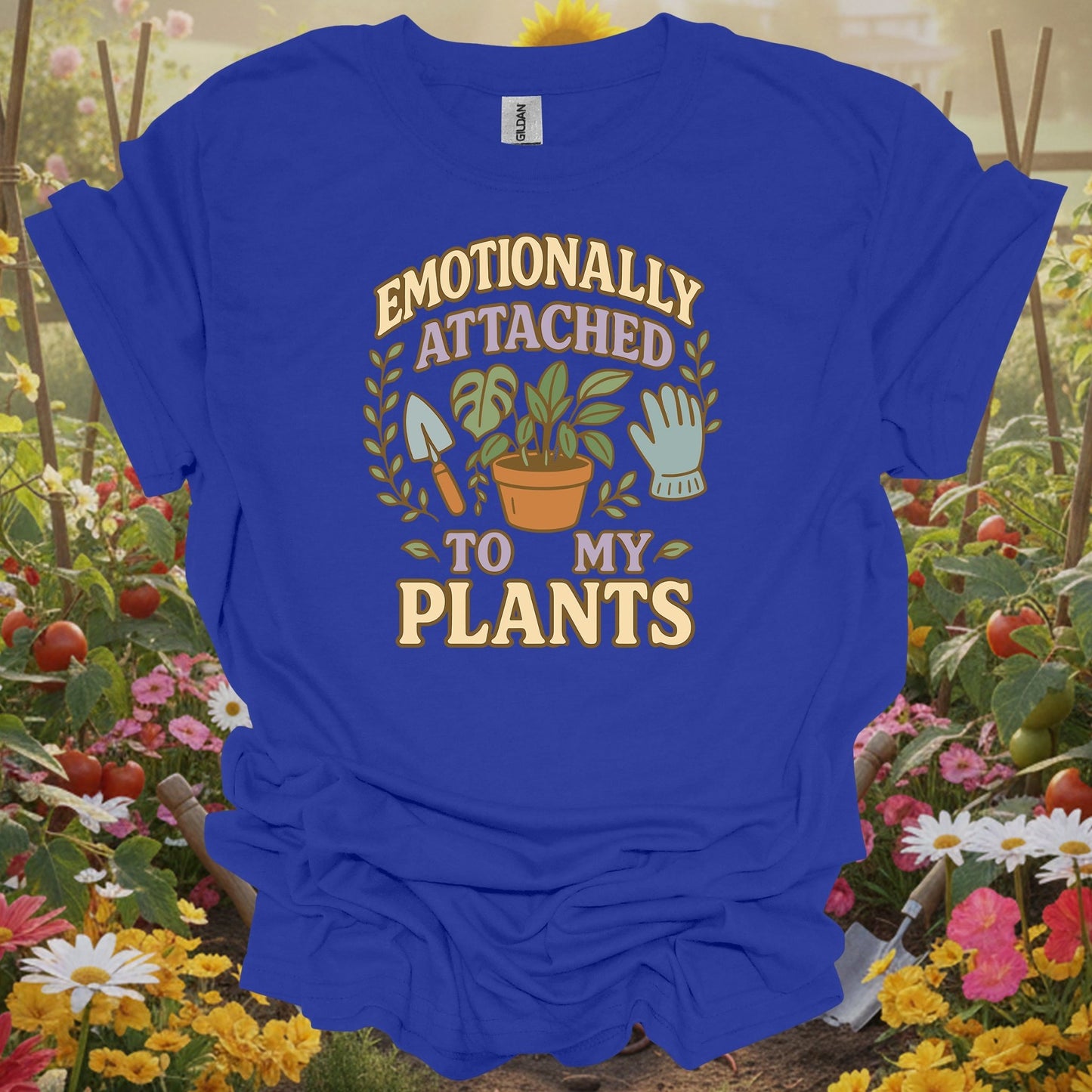 Royal apparel displaying a hand trowel and glove on a casual gardening tee for those who find joy in the dirt.