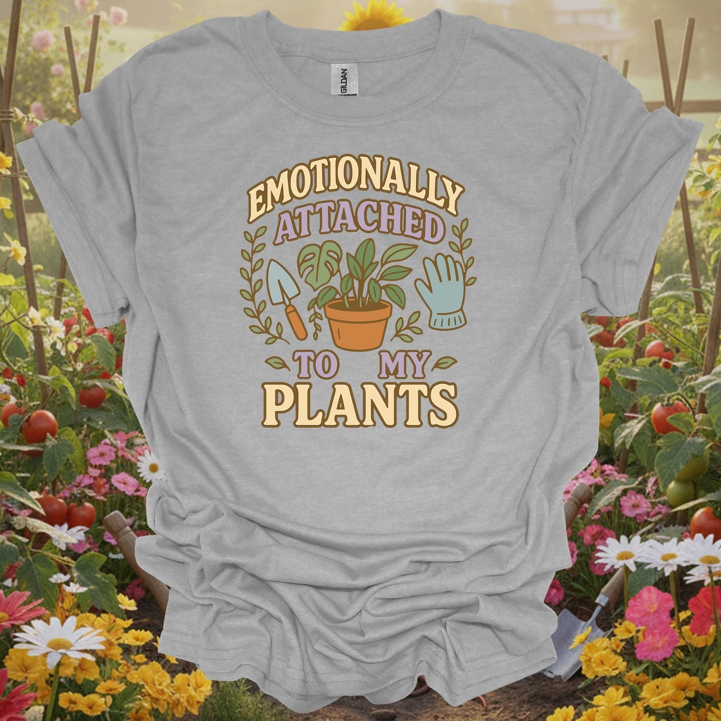 Sport Gray T-shirt with a detailed botanical illustration of a potted plant perfect for sustainable living fans and hobbyists.