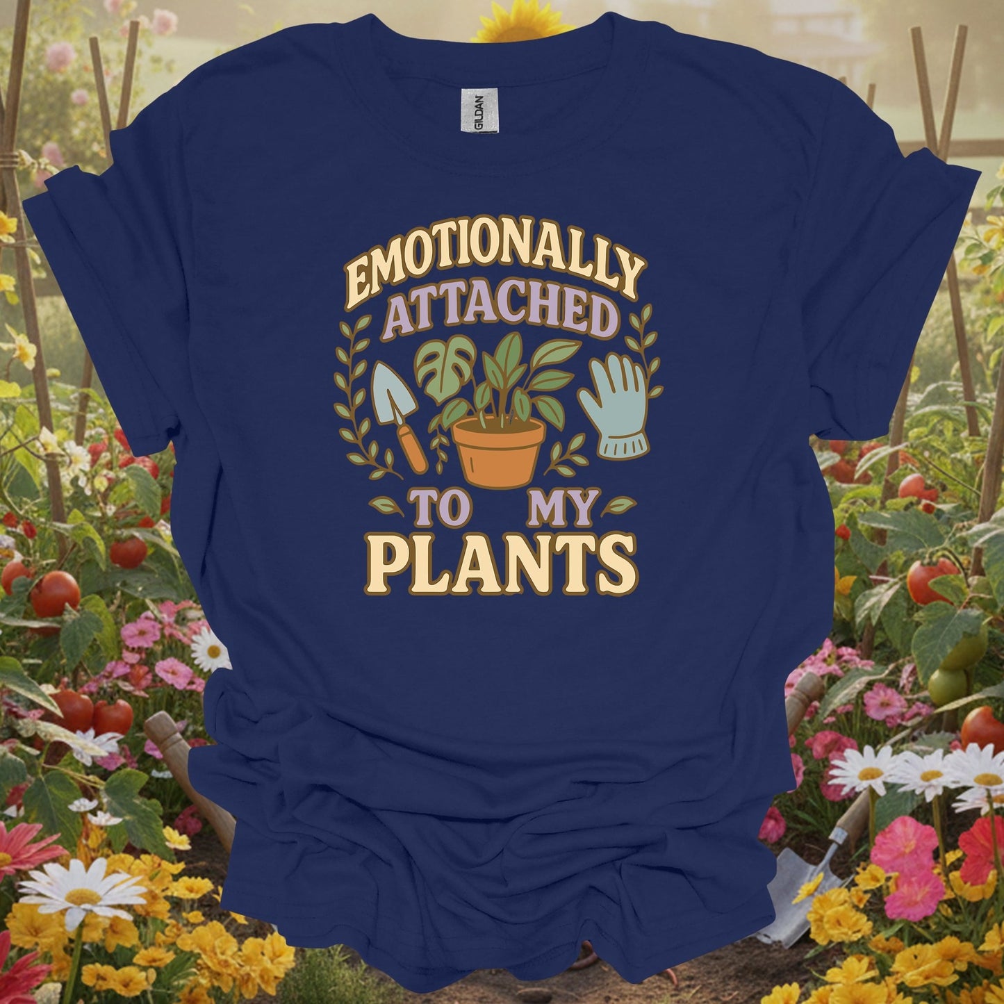 Navy top with a retro storybook garden graphic that captures a peaceful and mindful homesteading vibe for your sanctuary.