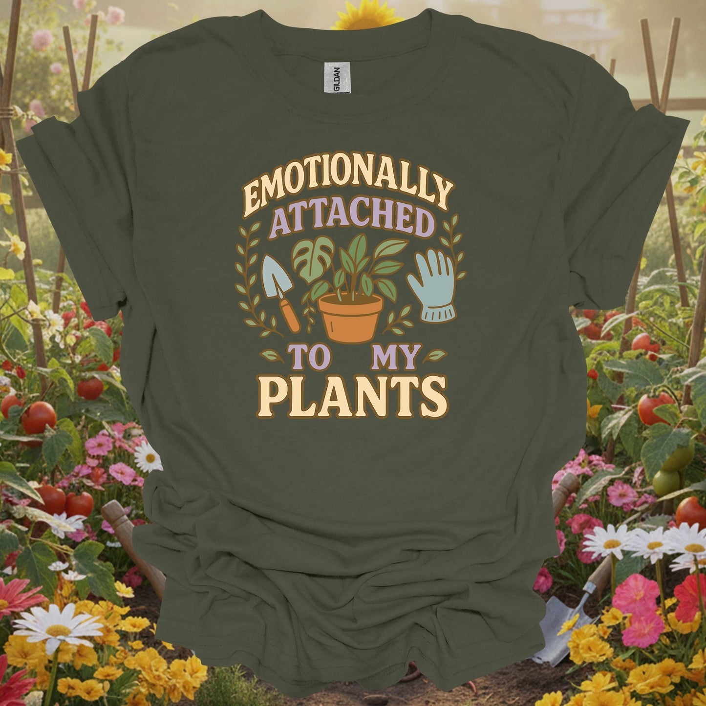 Military Green gardening tee with a retro-inspired storybook look that serves as a functional piece of art for any grower.
