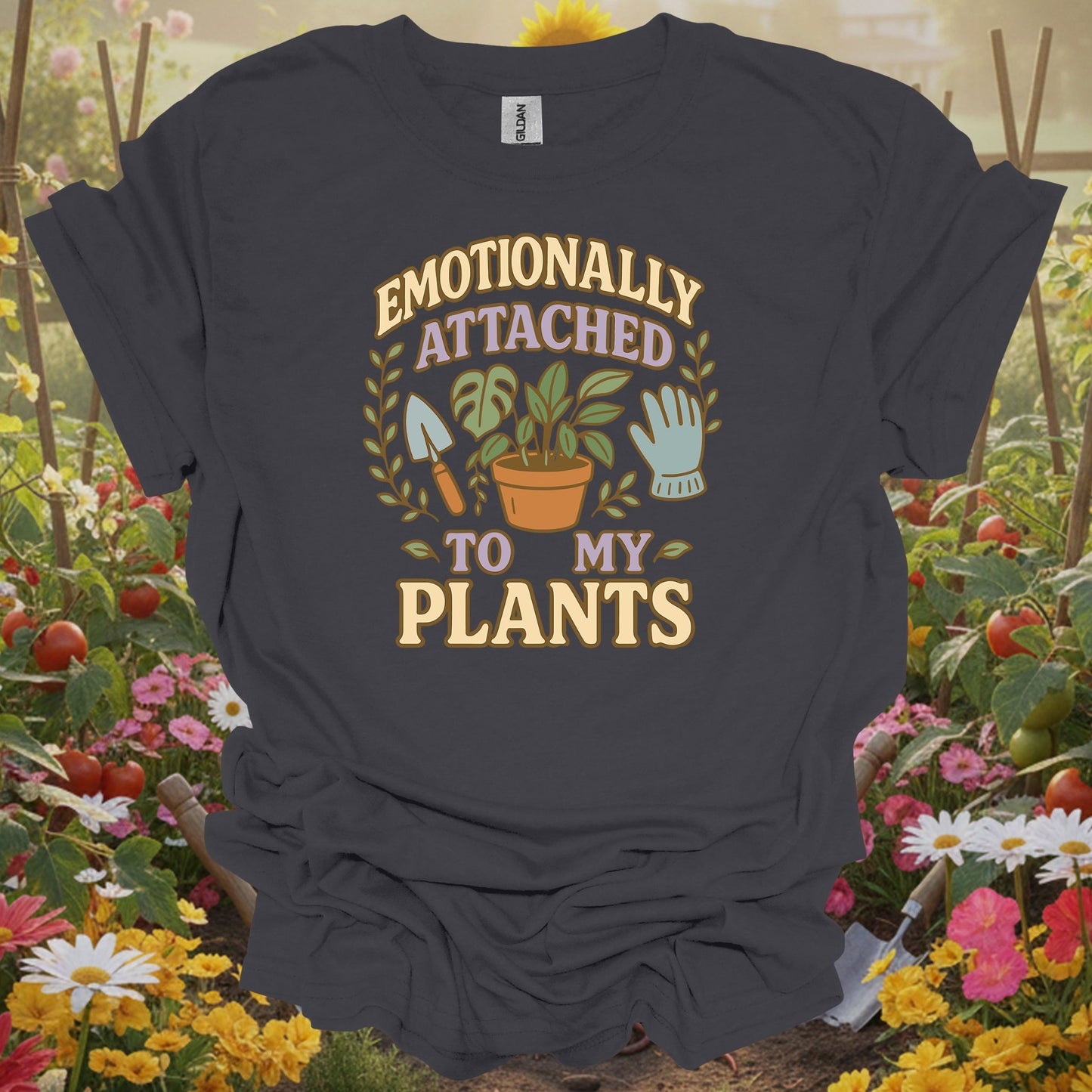 Charcoal tee featuring a potted plant design that celebrates being emotionally attached to your garden on a comfortable T-shirt.