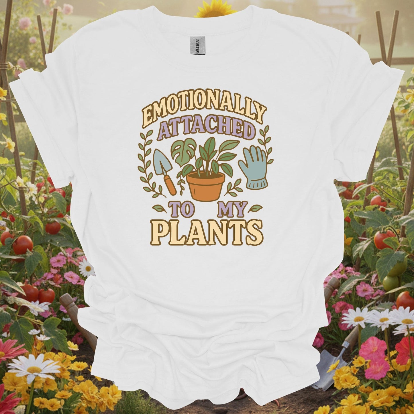 White shirt featuring a nostalgic plant lover design on a classic tee for anyone who finds peace in their garden beds.