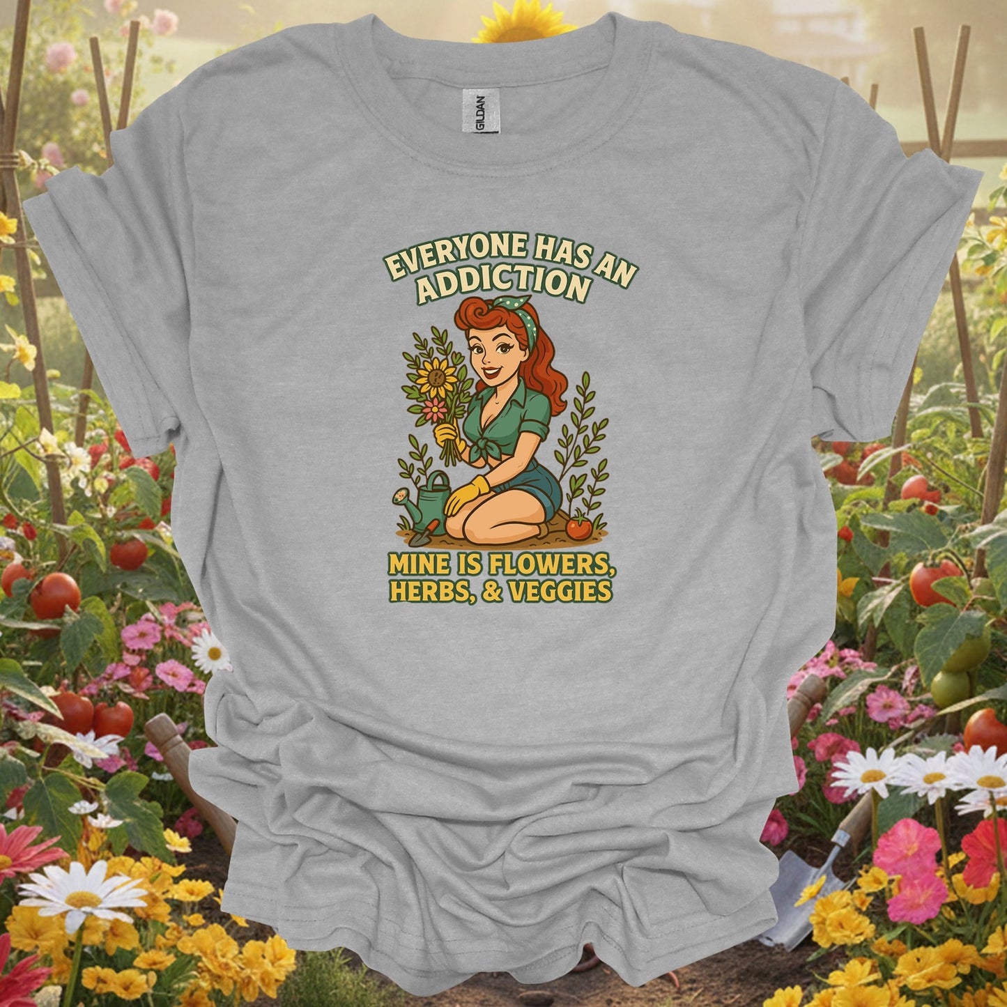 Sport Grey tshirt showing my addiction is flowers funny pin-up for backyard growers