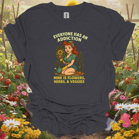 Charcoal tee showing my addiction is flowers funny pin-up for plant lovers