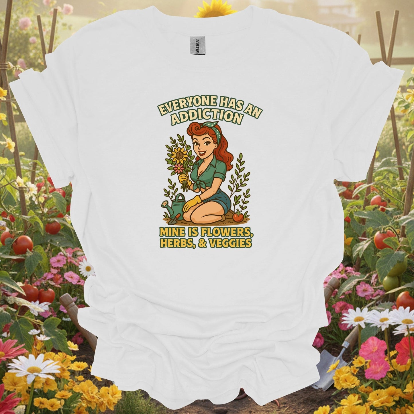 White tee showing my addiction is flowers funny pin-up for garden hobbyists