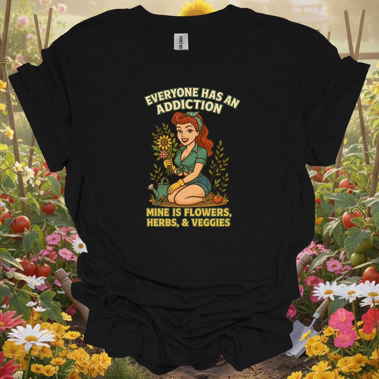 Black shirt showing my addiction is flowers funny pin-up for outdoor enthusiasts
