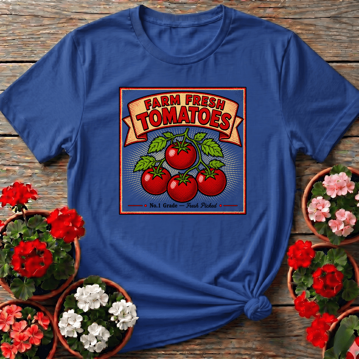 Royal retro produce label gardening shirt with Farm Fresh Tomatoes Fresh Picked design for garden harvest lovers