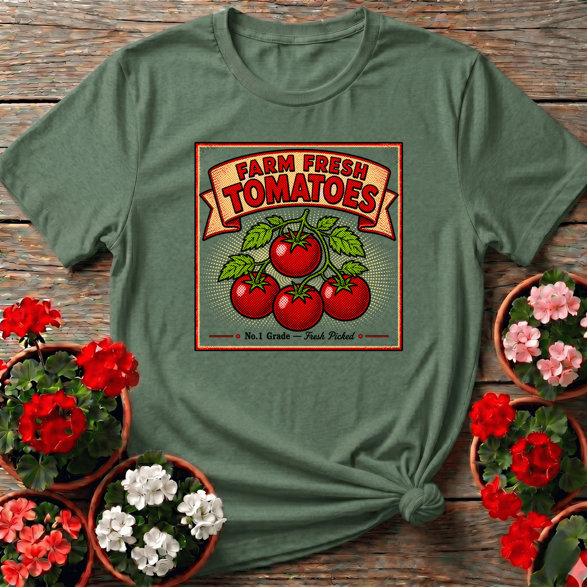 Military Green americana produce label gardening tee with vintage Farm Fresh Tomatoes illustration for vegetable growers