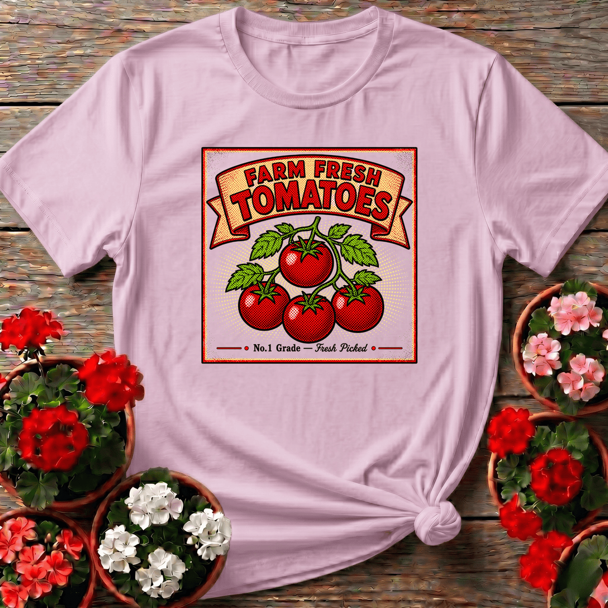 Light Pink vintage produce banner gardening tee with Farm Fresh Tomatoes No.1 Grade Fresh Picked design for home gardeners