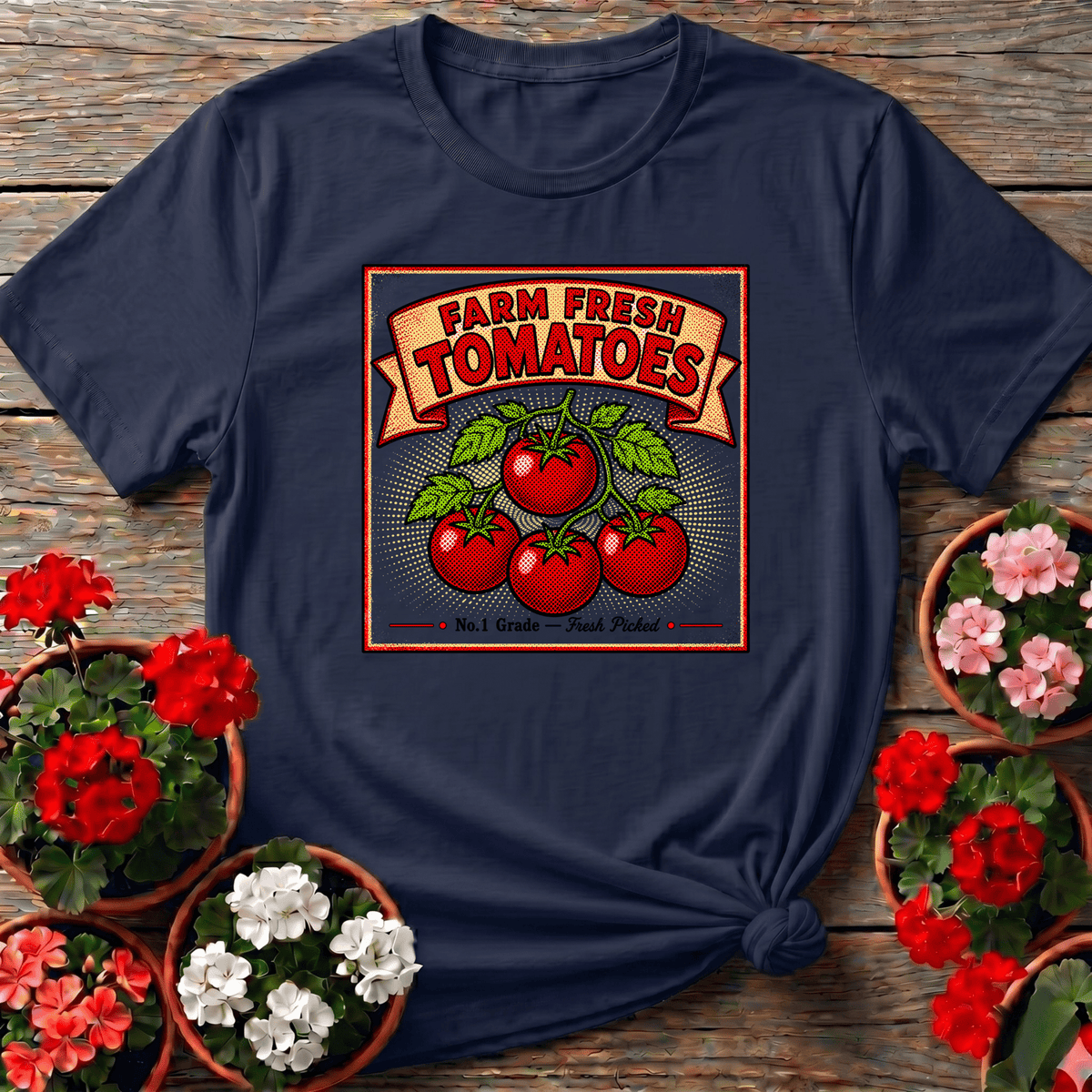 Navy americana cottagecore gardening tee with vintage tomato vine illustration for tomato growers