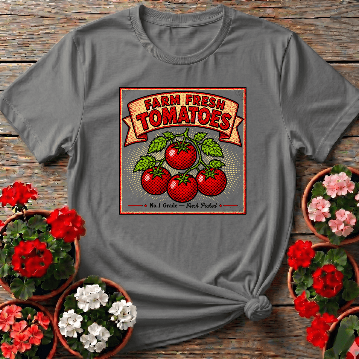 Sport Gray vintage farmhouse halftone t-shirt with Farm Fresh Tomatoes No.1 Grade design for vegetable gardeners