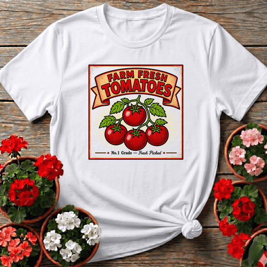 White retro halftone farmhouse gardening shirt with Farm Fresh Tomatoes banner label for home vegetable growers