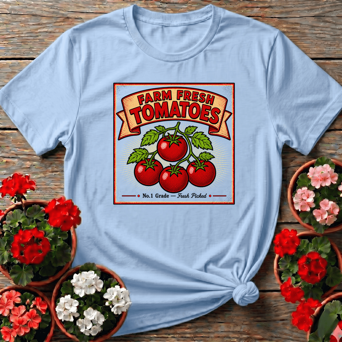 Light Blue cottagecore retro gardening top with bold tomato vine banner label for homegrown harvest fans