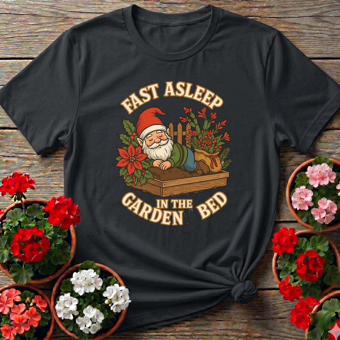 Fast Asleep In The Garden Bed Gnome Tee - GardeningTshirts