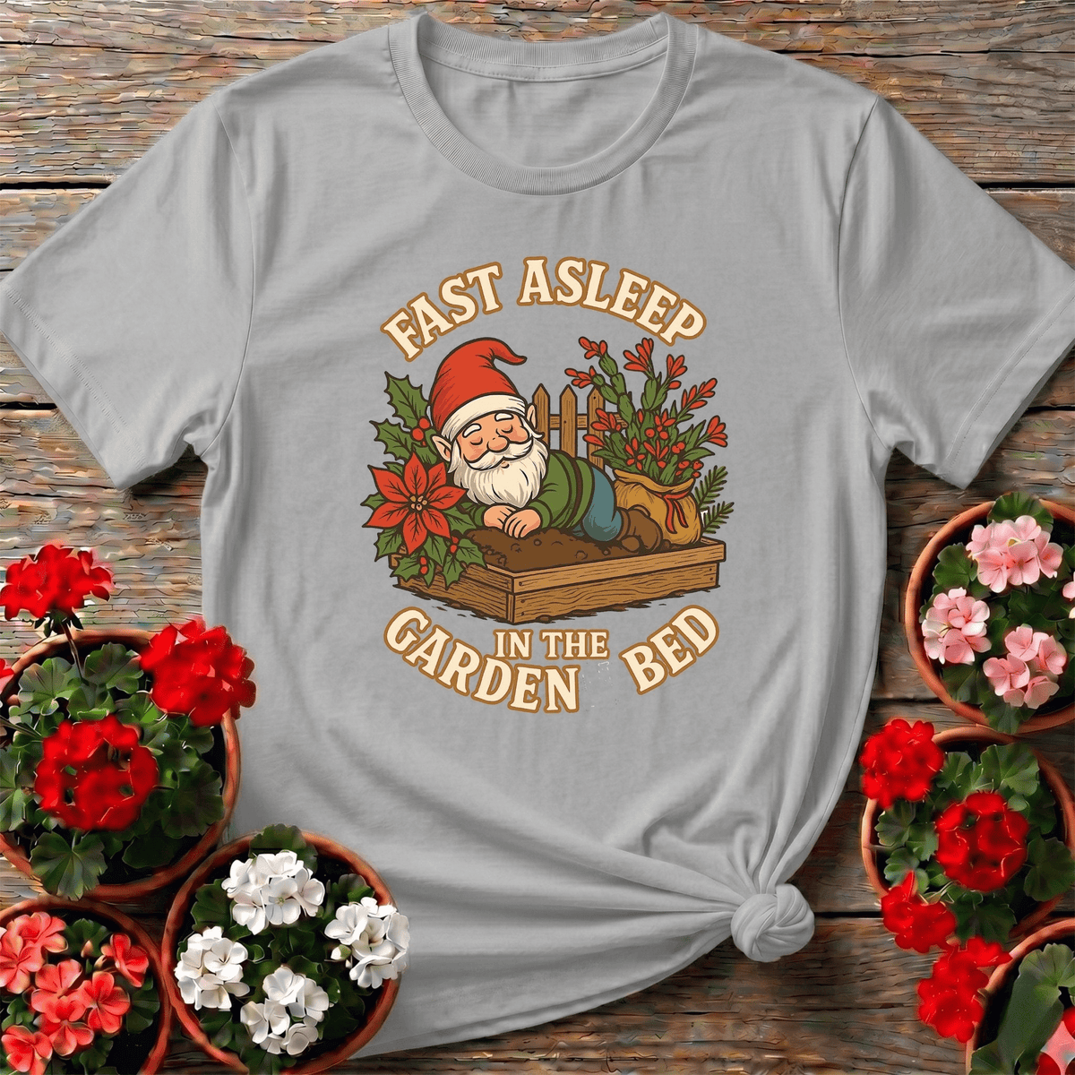 Fast Asleep In The Garden Bed Gnome Tee - GardeningTshirts