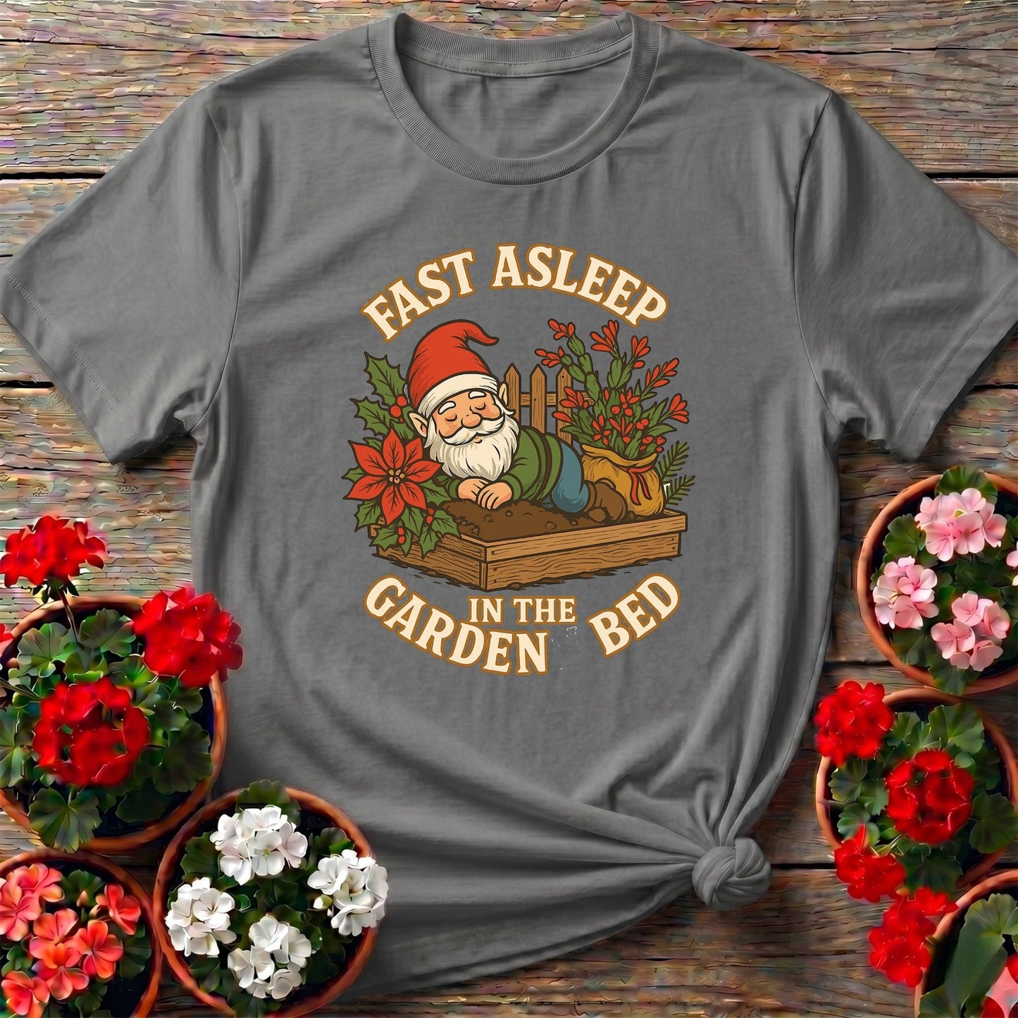 Fast Asleep In The Garden Bed Gnome Tee - GardeningTshirts