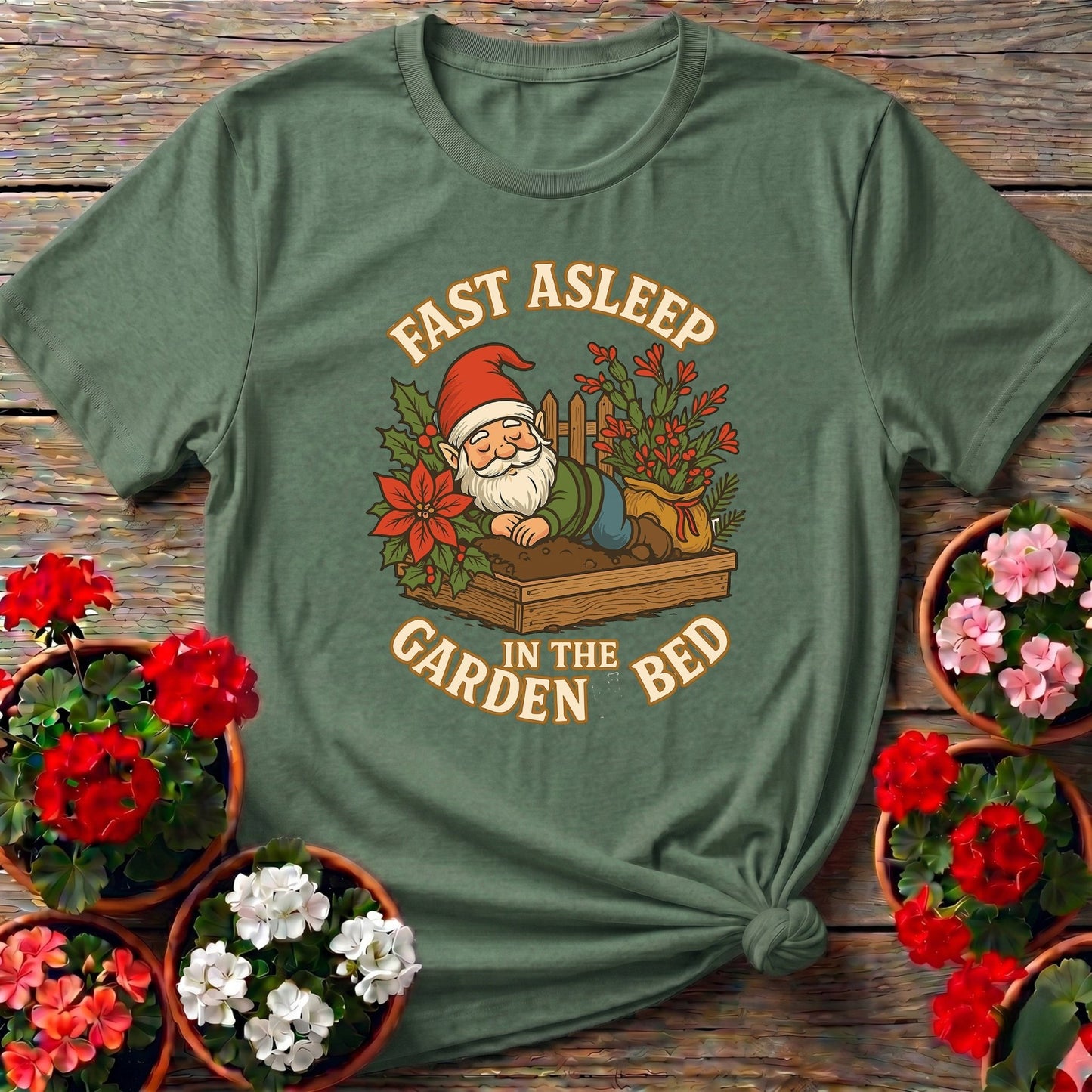 Fast Asleep In The Garden Bed Gnome Tee - GardeningTshirts