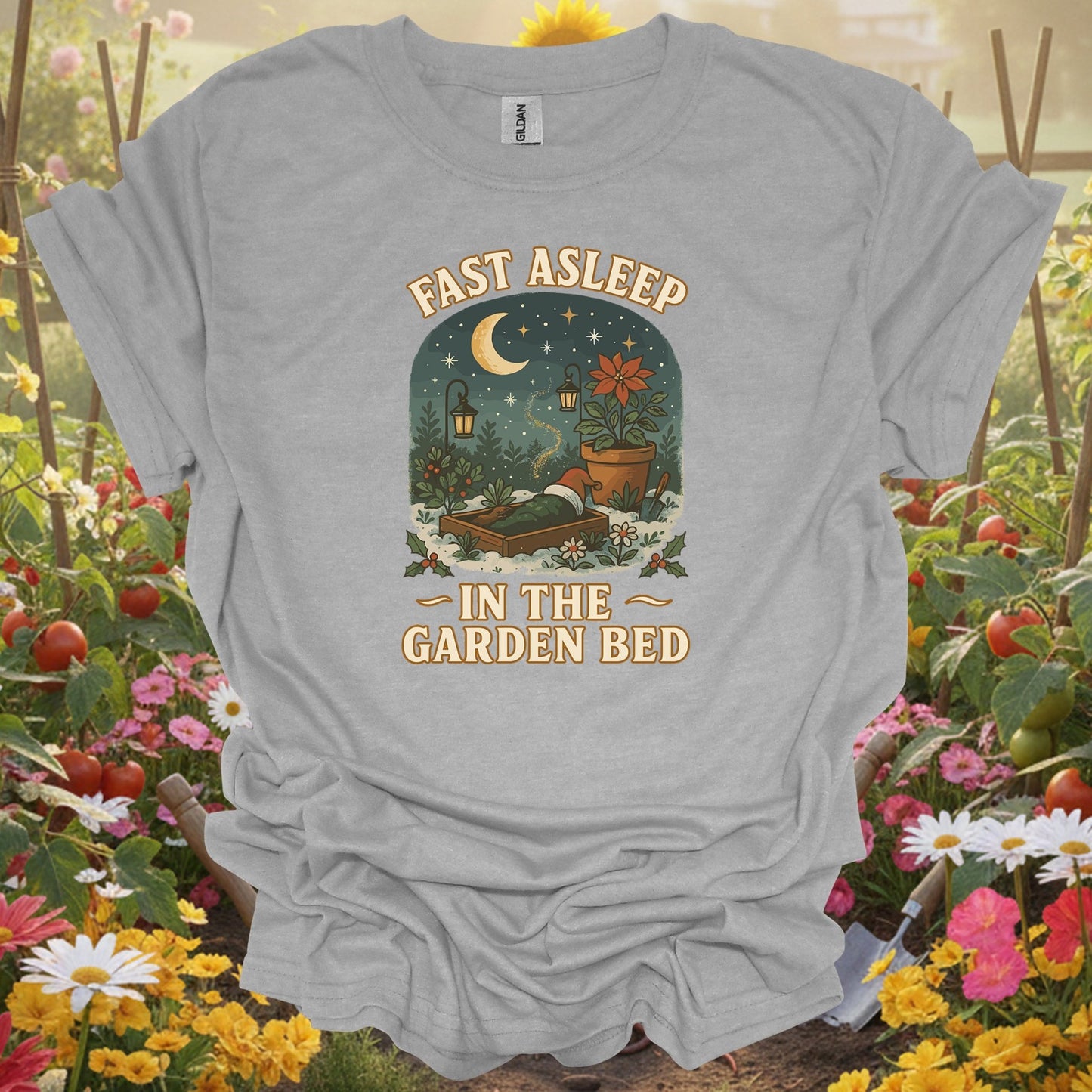 "Fast Asleep In The Garden Bed" Humorous Christmas T-Shirt - GardeningTshirts