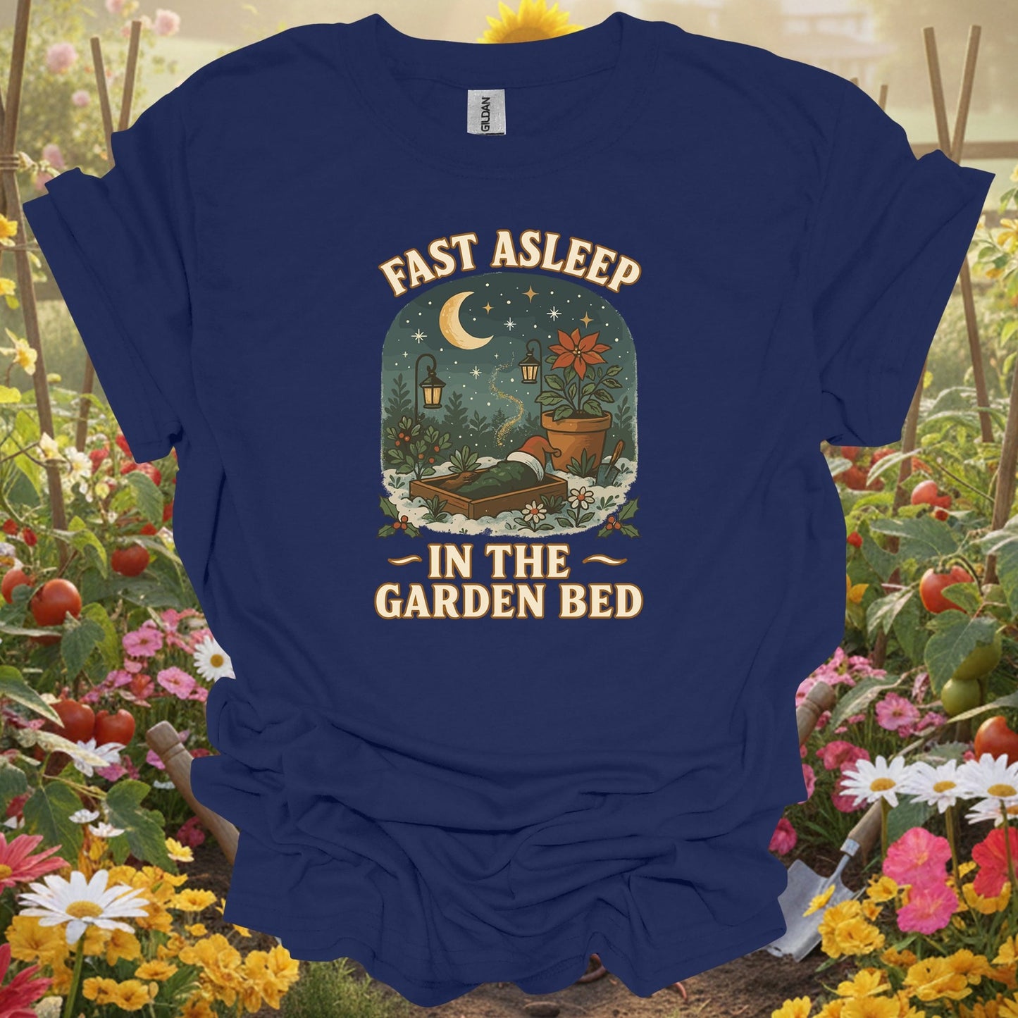 "Fast Asleep In The Garden Bed" Humorous Christmas T-Shirt - GardeningTshirts