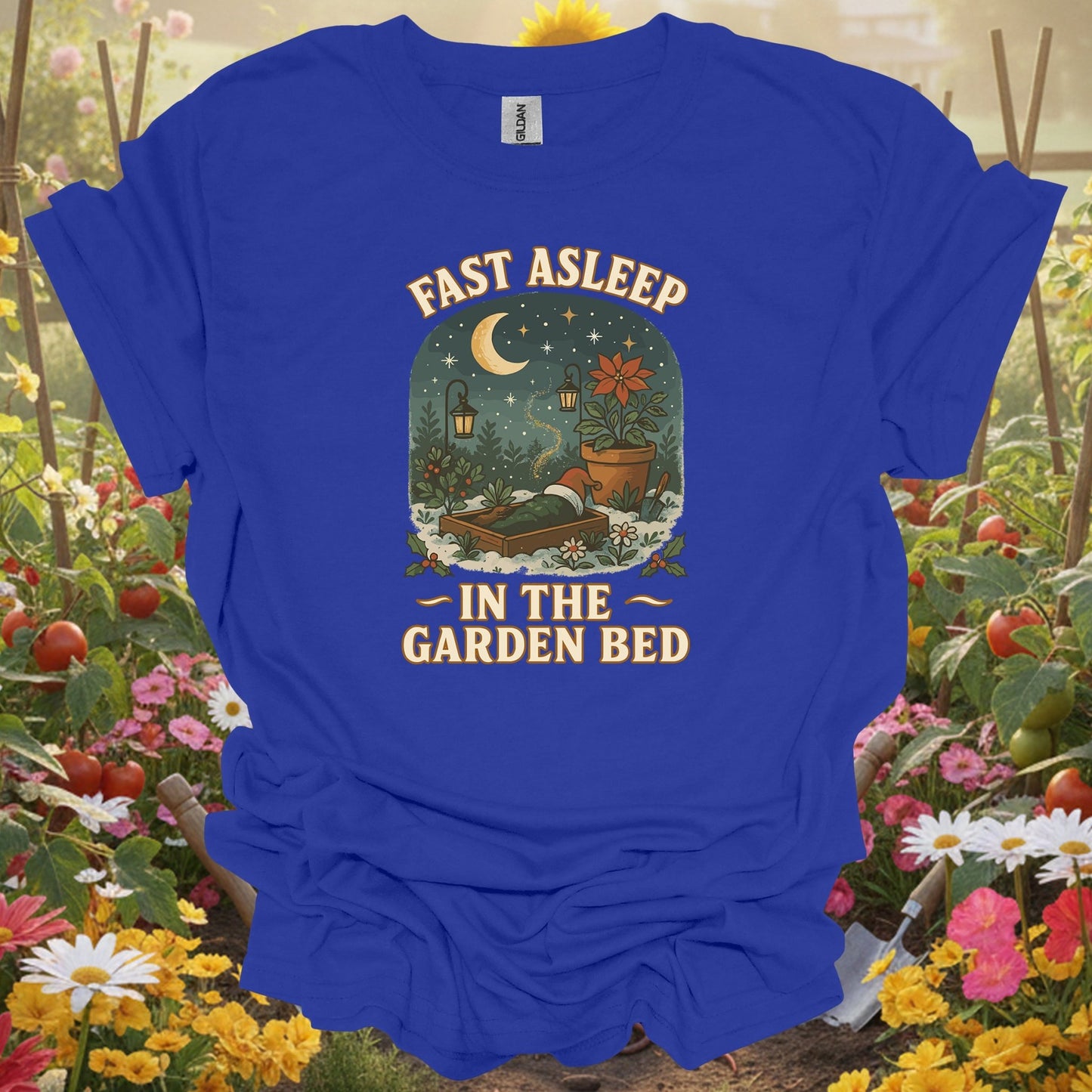 "Fast Asleep In The Garden Bed" Humorous Christmas T-Shirt - GardeningTshirts