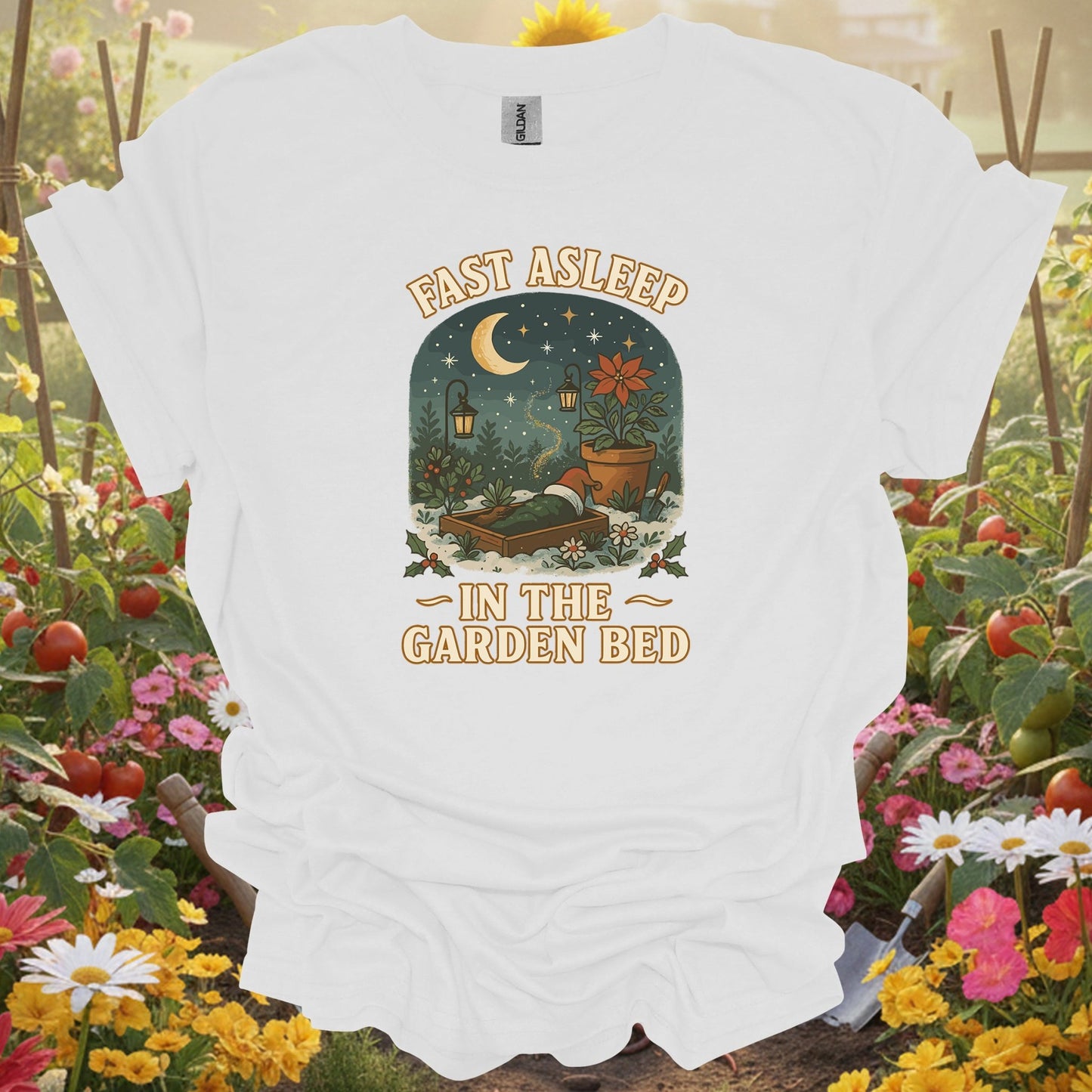"Fast Asleep In The Garden Bed" Humorous Christmas T-Shirt - GardeningTshirts