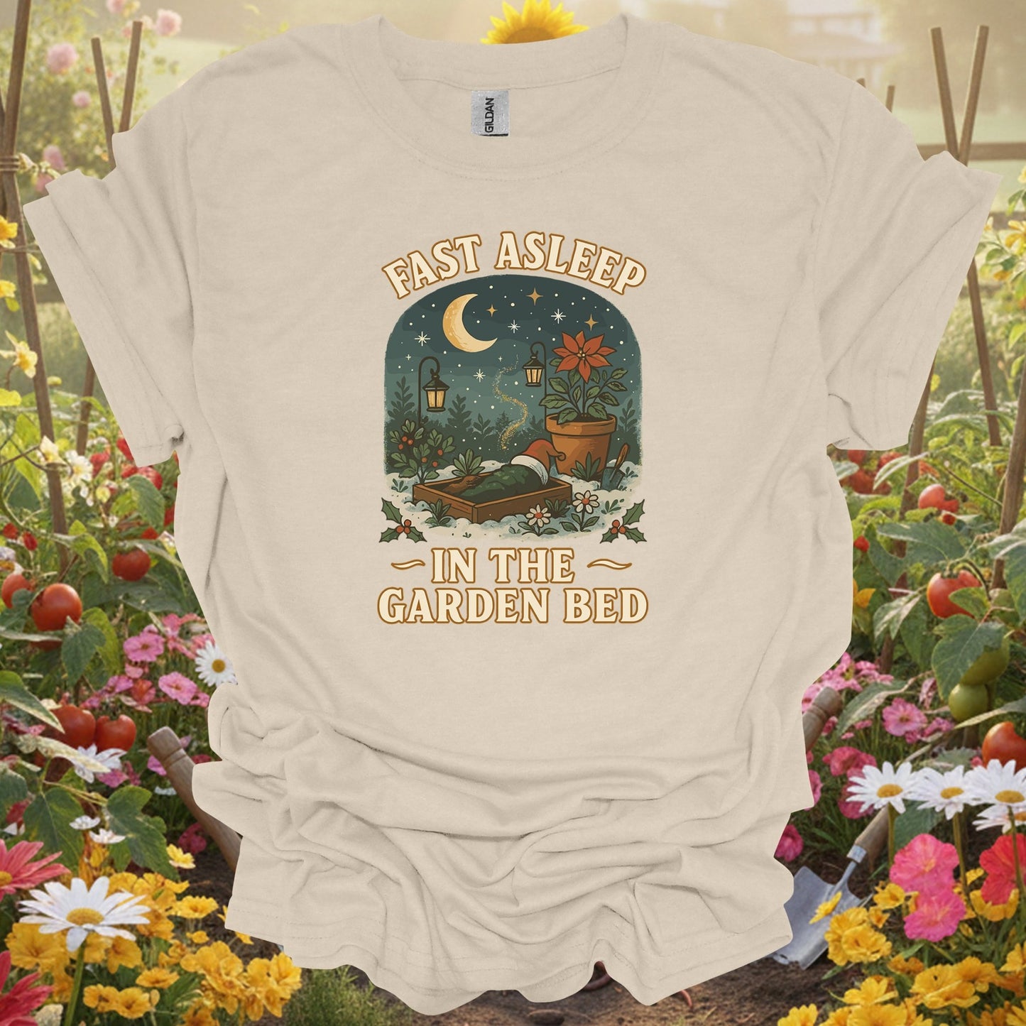 "Fast Asleep In The Garden Bed" Humorous Christmas T-Shirt - GardeningTshirts