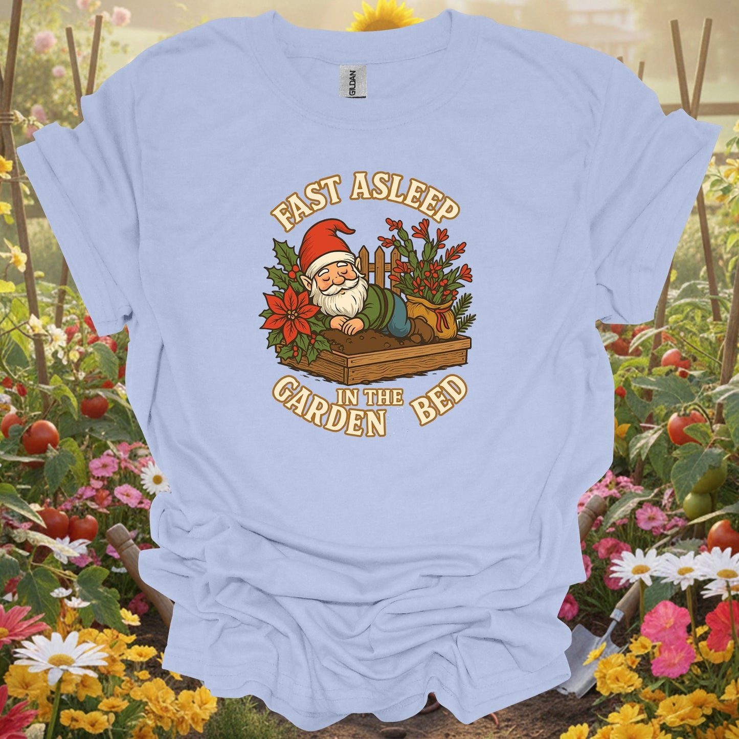 "Fast Asleep In The Garden Bed" Retro Sleeping Gnome Holiday Tee - GardeningTshirts