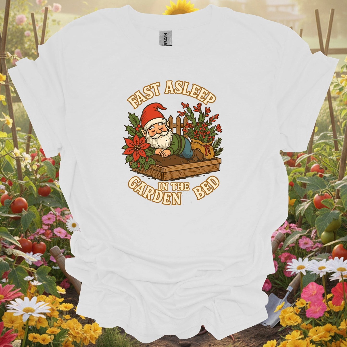 "Fast Asleep In The Garden Bed" Retro Sleeping Gnome Holiday Tee - GardeningTshirts
