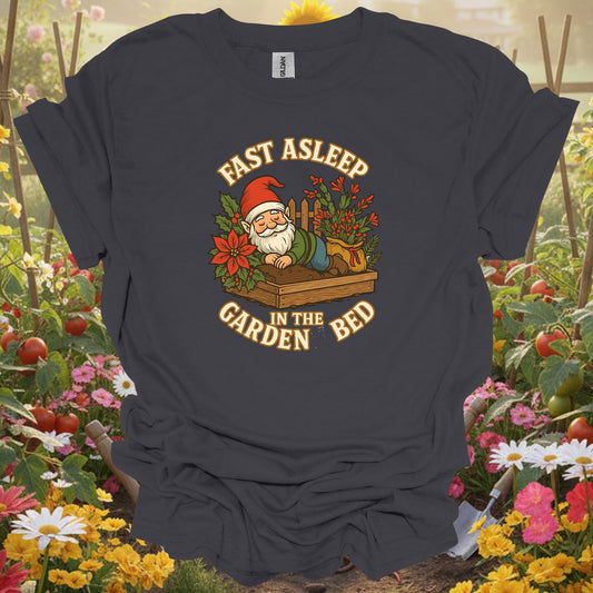 "Fast Asleep In The Garden Bed" Retro Sleeping Gnome Holiday Tee - GardeningTshirts