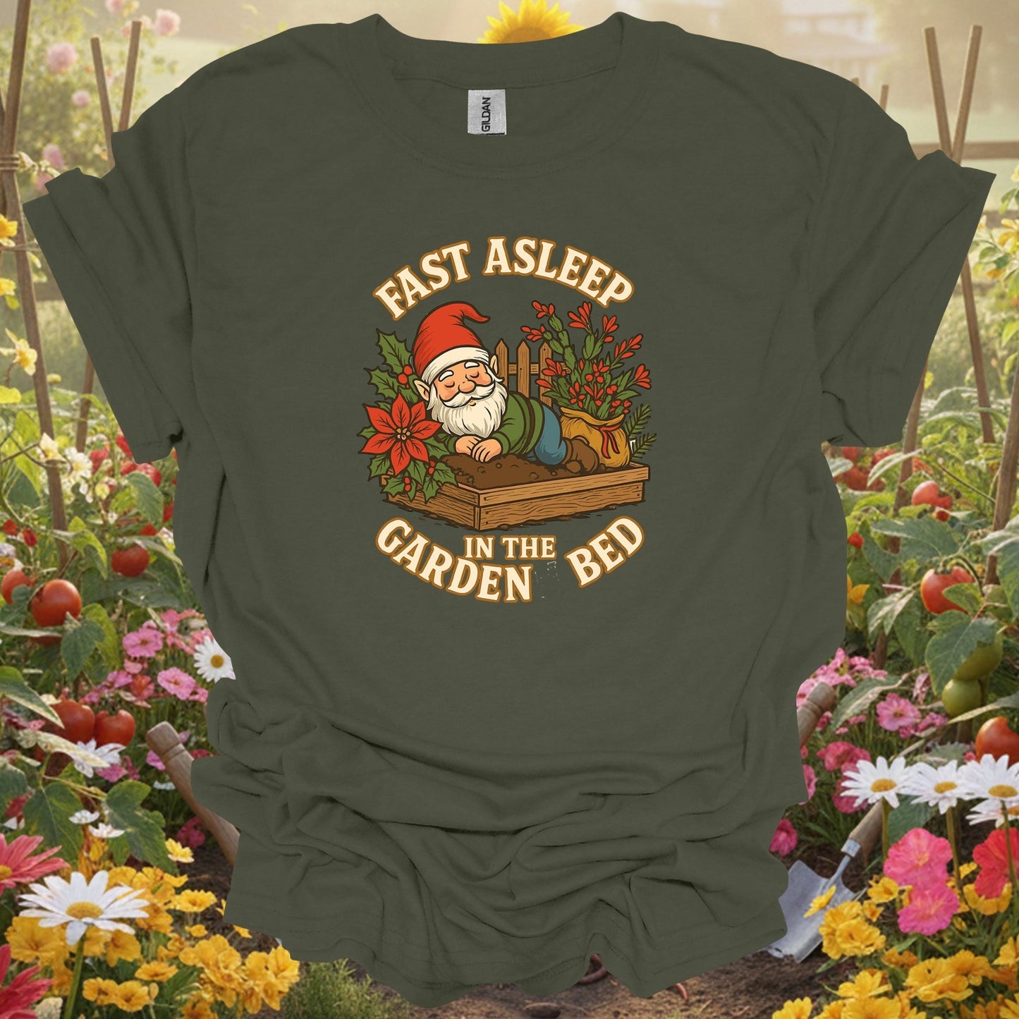 "Fast Asleep In The Garden Bed" Retro Sleeping Gnome Holiday Tee - GardeningTshirts