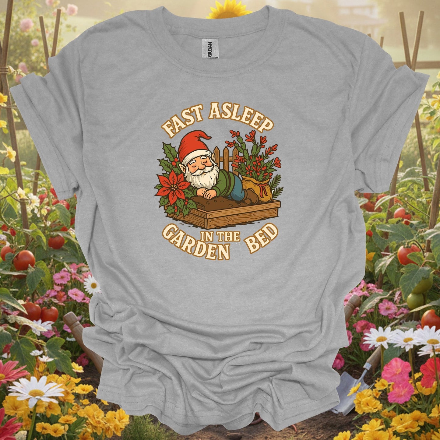 "Fast Asleep In The Garden Bed" Retro Sleeping Gnome Holiday Tee - GardeningTshirts