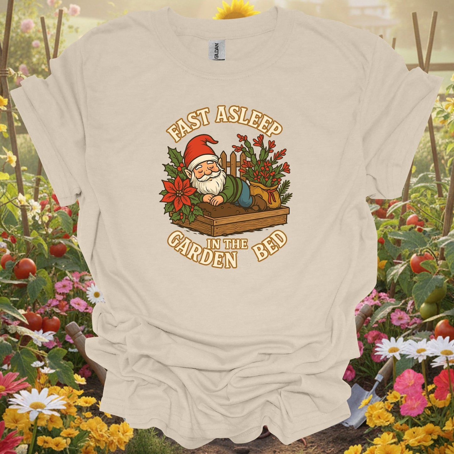 "Fast Asleep In The Garden Bed" Retro Sleeping Gnome Holiday Tee - GardeningTshirts