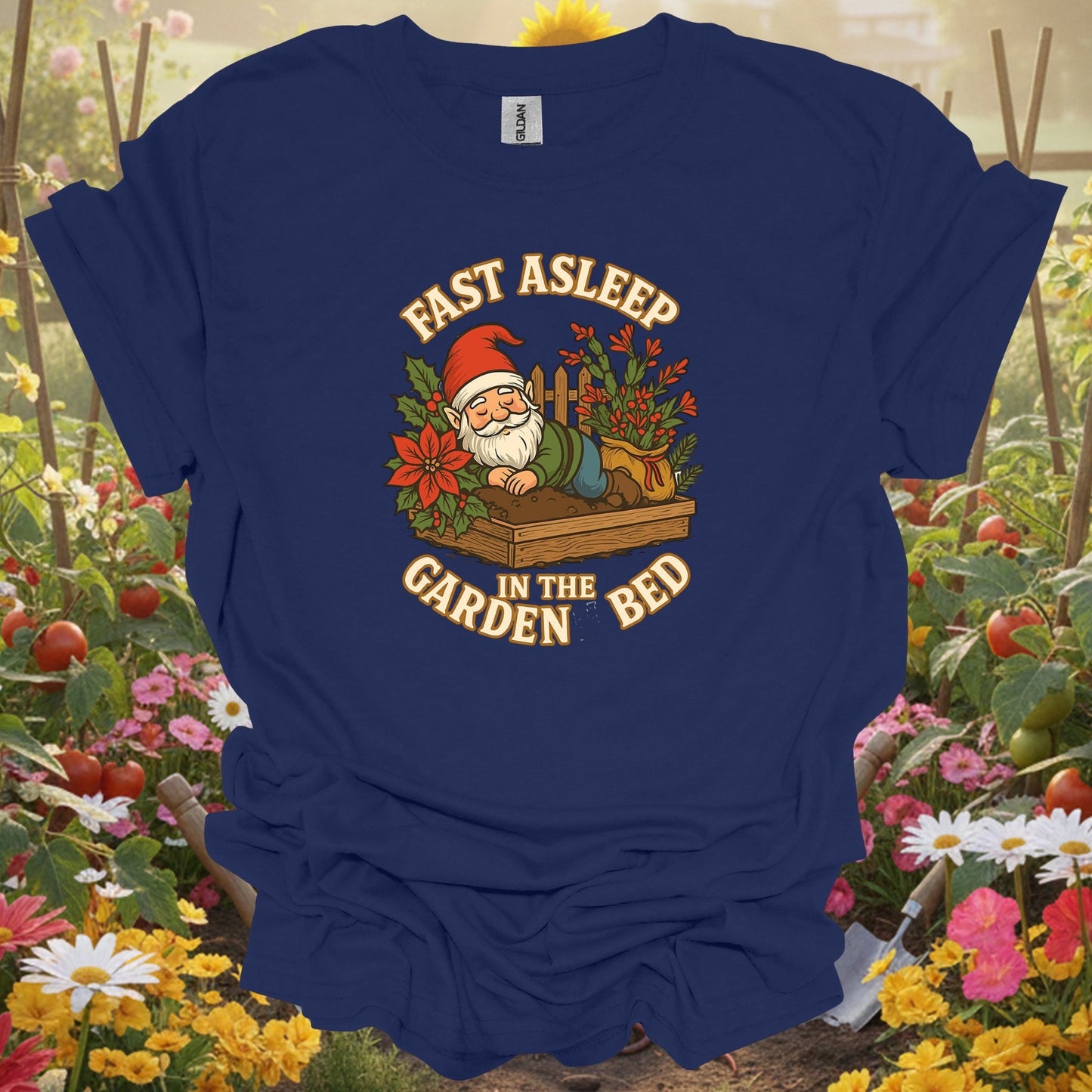"Fast Asleep In The Garden Bed" Retro Sleeping Gnome Holiday Tee - GardeningTshirts