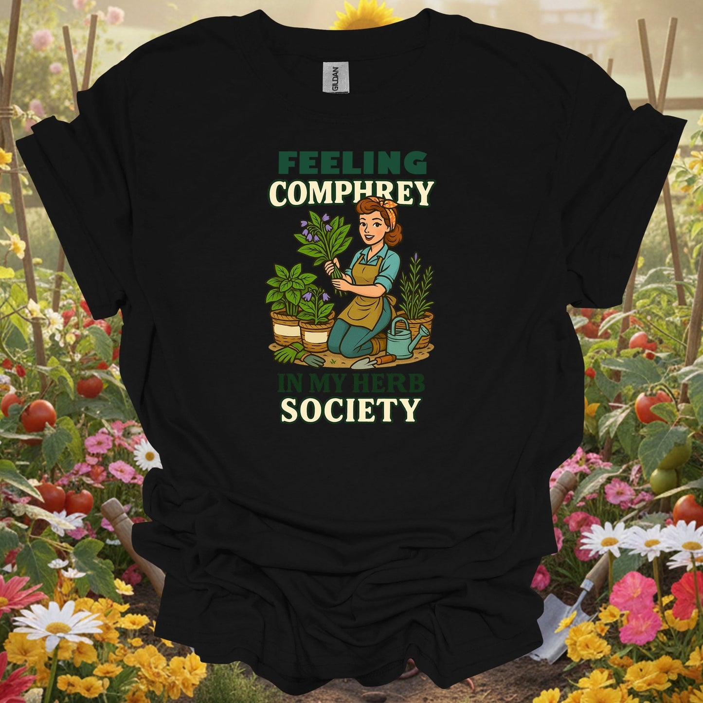 Black top showing feeling comfrey in my herb society retro for nature lovers