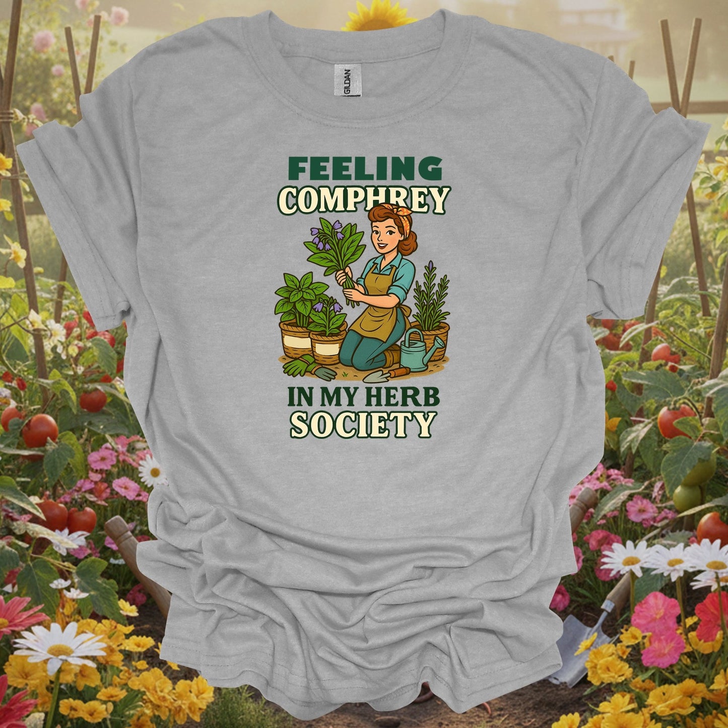 Sport Grey tee showing feeling comfrey in my herb society retro for garden hobbyists
