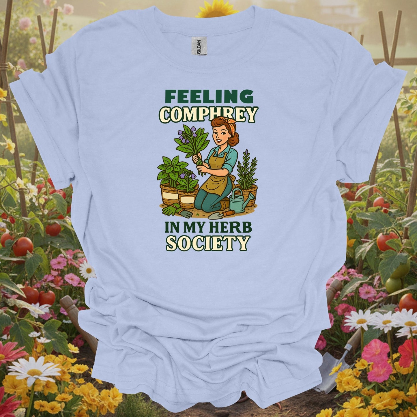 Light Blue shirt showing feeling comfrey in my herb society retro for home gardeners