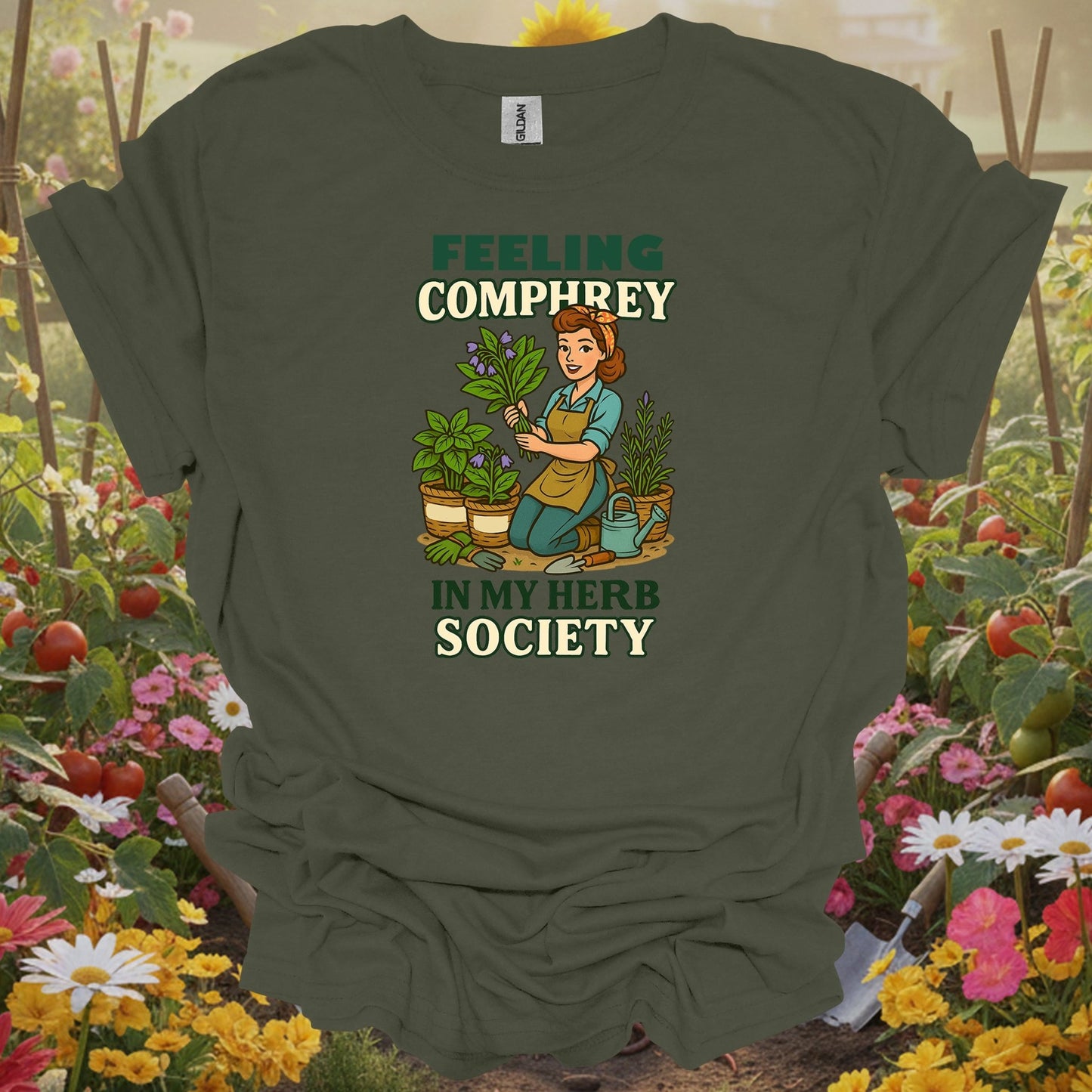 Military Green tshirt showing feeling comfrey in my herb society retro for people who love plants