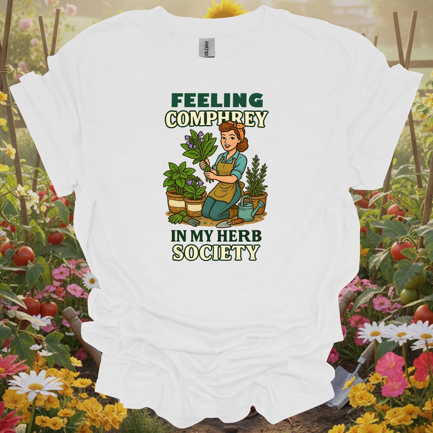 White shirt showing feeling comfrey in my herb society retro for outdoor enthusiasts