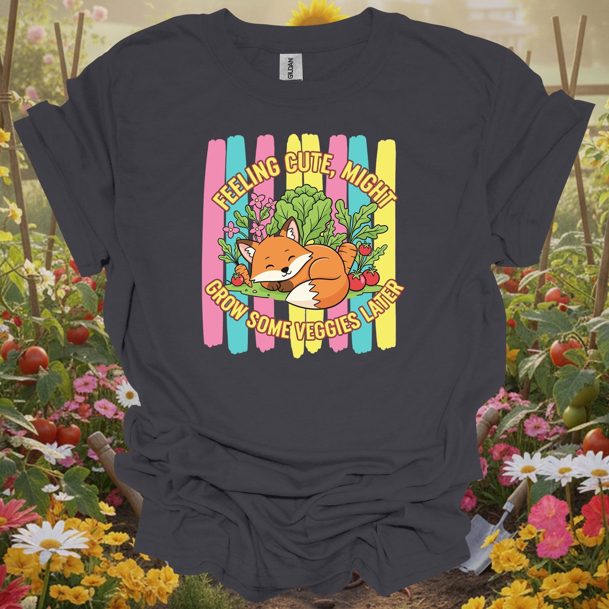 Charcoal tee showing feeling cute might grow veggies witty fox for plant lovers