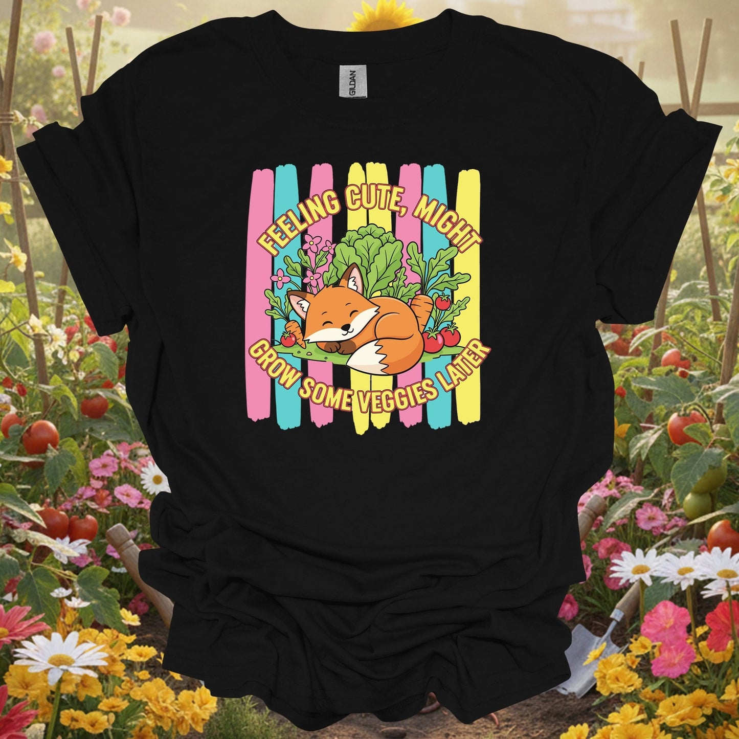 Black shirt showing feeling cute might grow veggies witty fox for outdoor enthusiasts