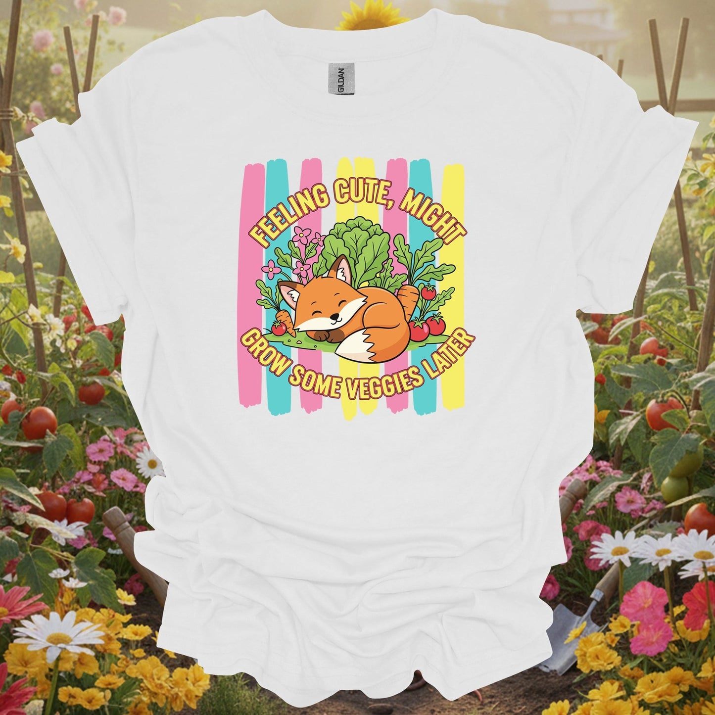 White tee showing feeling cute might grow veggies witty fox for garden hobbyists