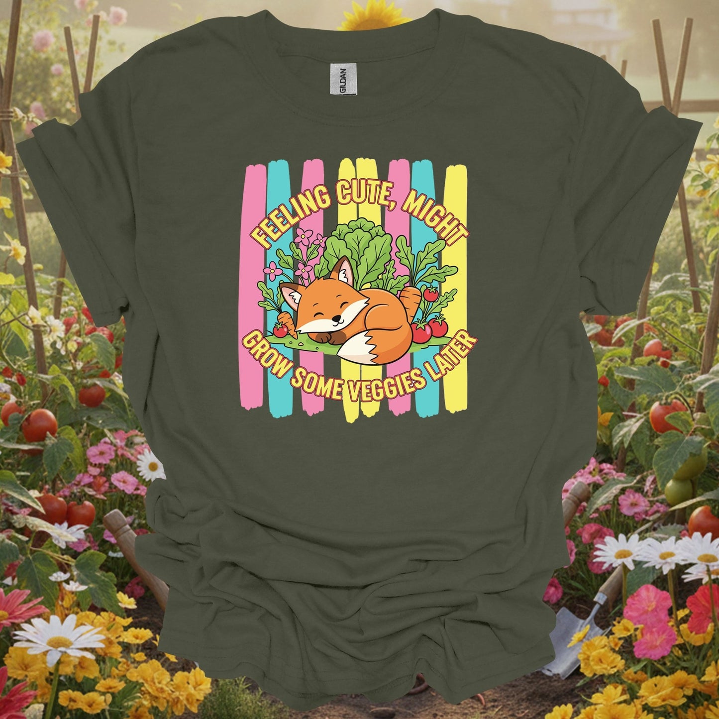 Military Green top showing feeling cute might grow veggies witty fox for nature lovers
