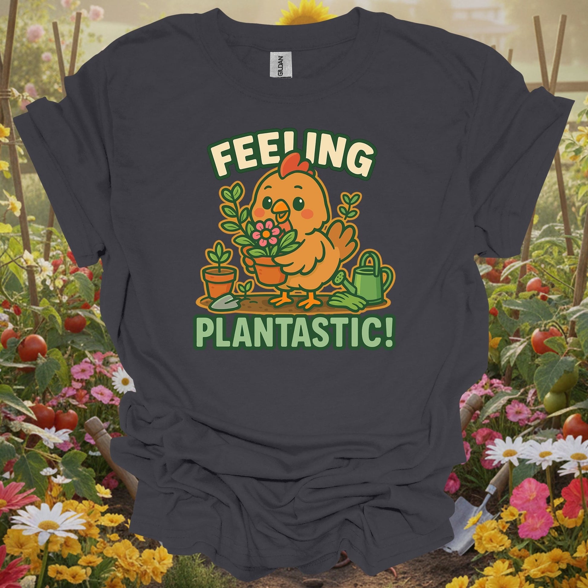 Charcoal tee showing feeling plantastic cute chicken gardener for plant lovers