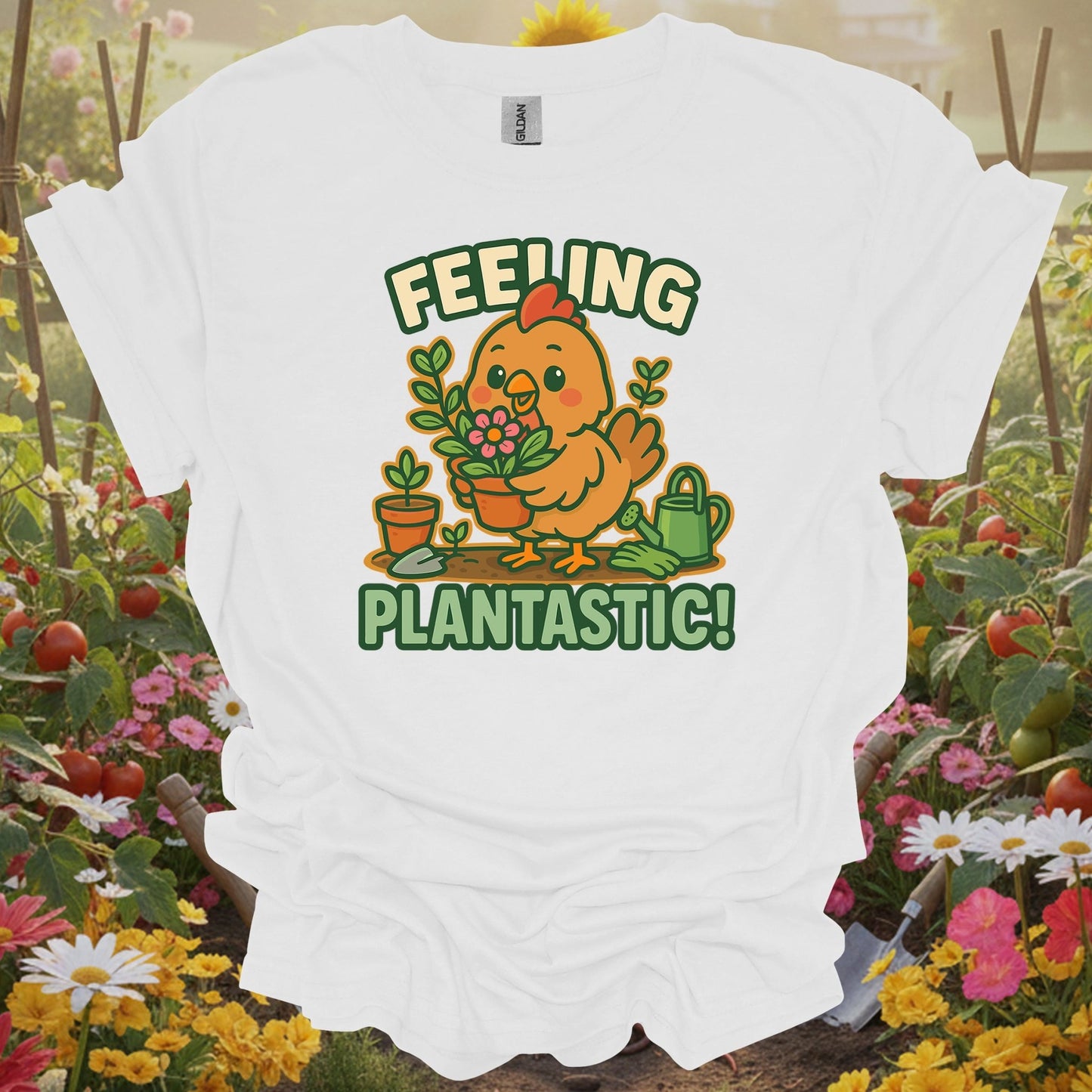 White shirt showing feeling plantastic cute chicken gardener for outdoor enthusiasts