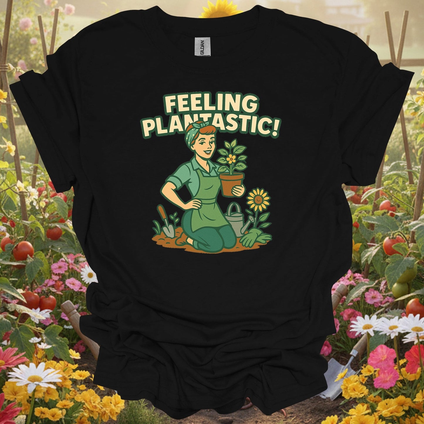 Black shirt showing feeling plantastic retro pin up gardener for outdoor enthusiasts