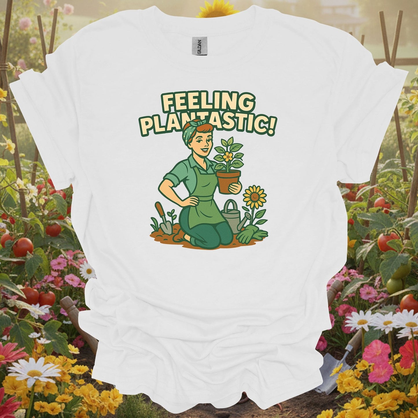 White tee showing feeling plantastic retro pin up gardener for garden hobbyists