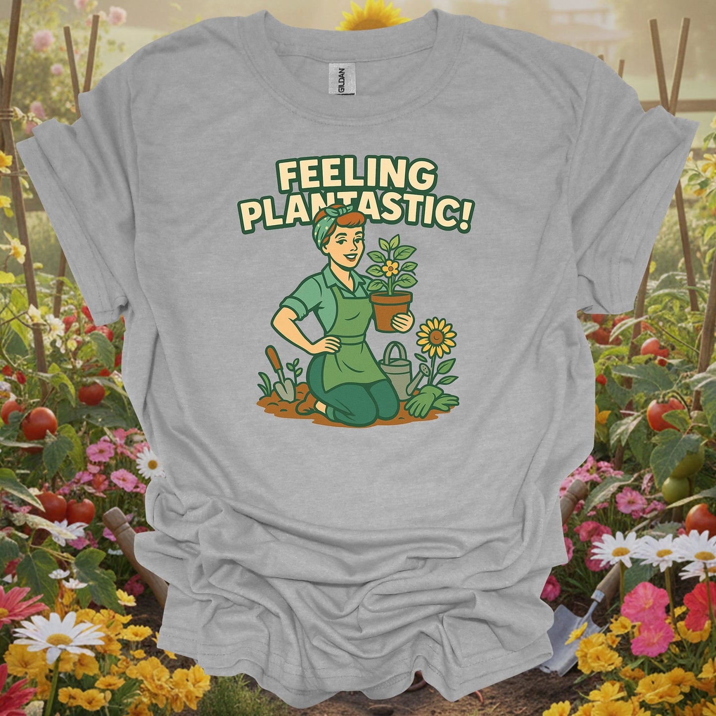 Sport Grey tshirt showing feeling plantastic retro pin up gardener for backyard growers