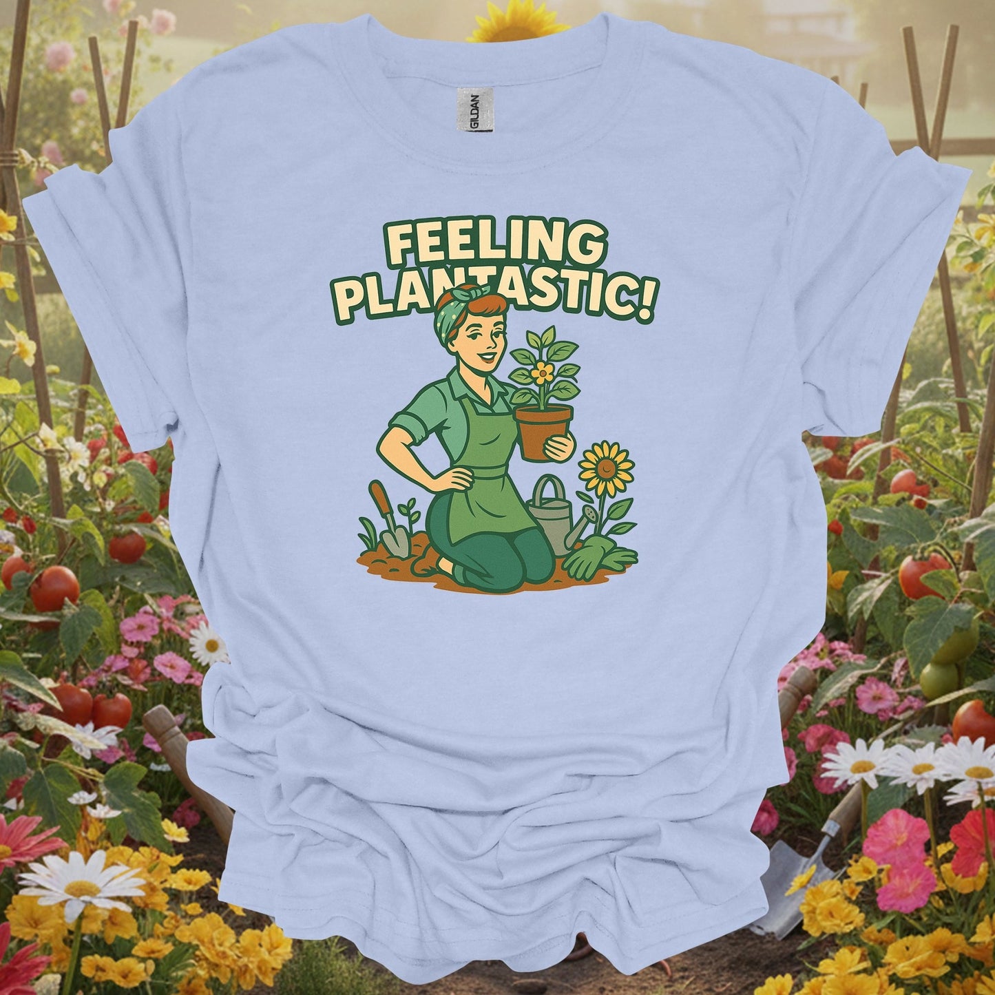 Light Blue tshirt showing feeling plantastic retro pin up gardener for gardening enthusiasts