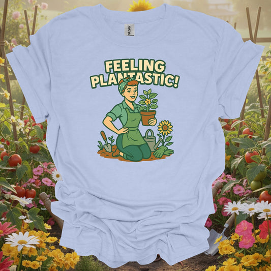 Light Blue tshirt showing feeling plantastic retro pin up gardener for gardening enthusiasts