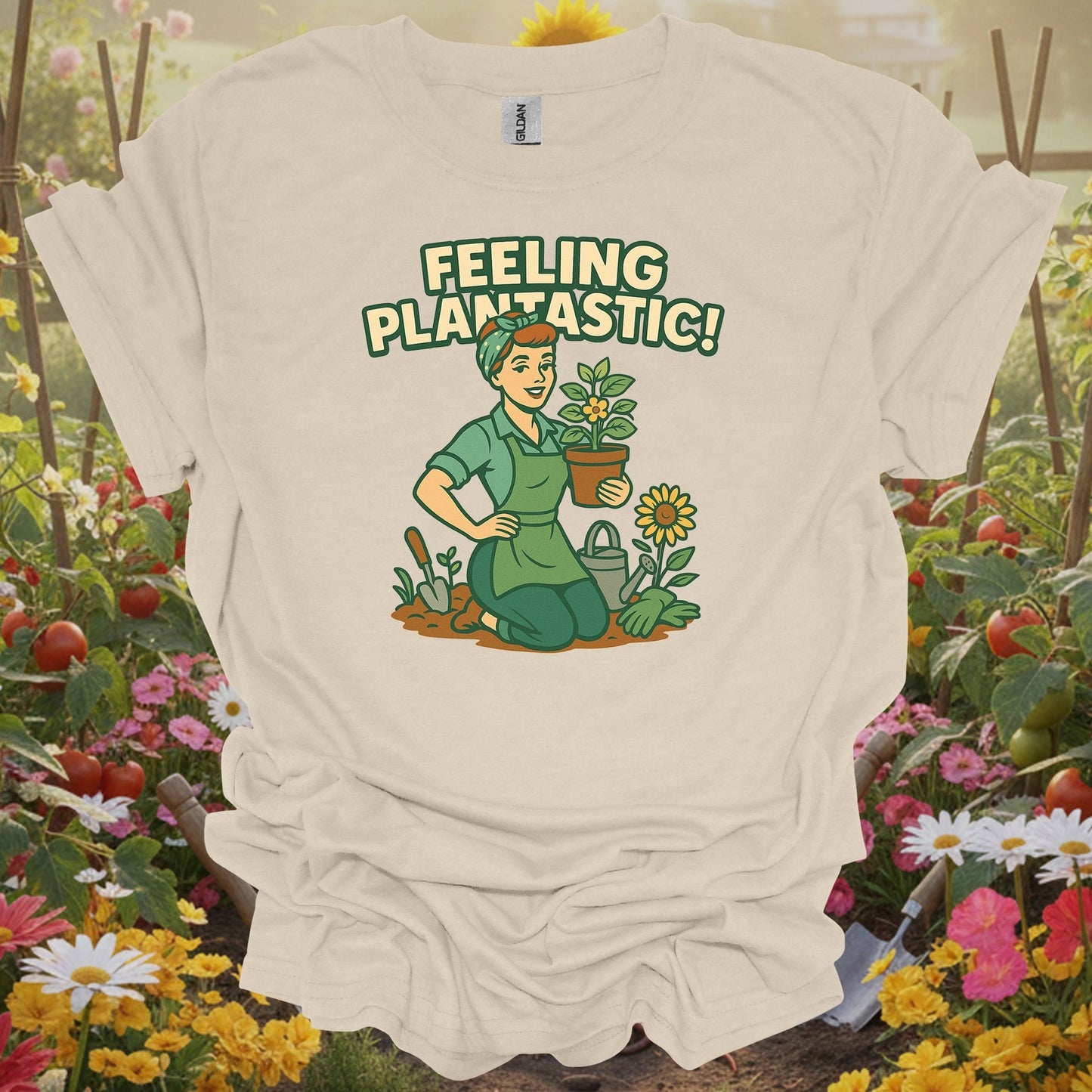Natural tshirt showing feeling plantastic retro pin up gardener for people who love plants